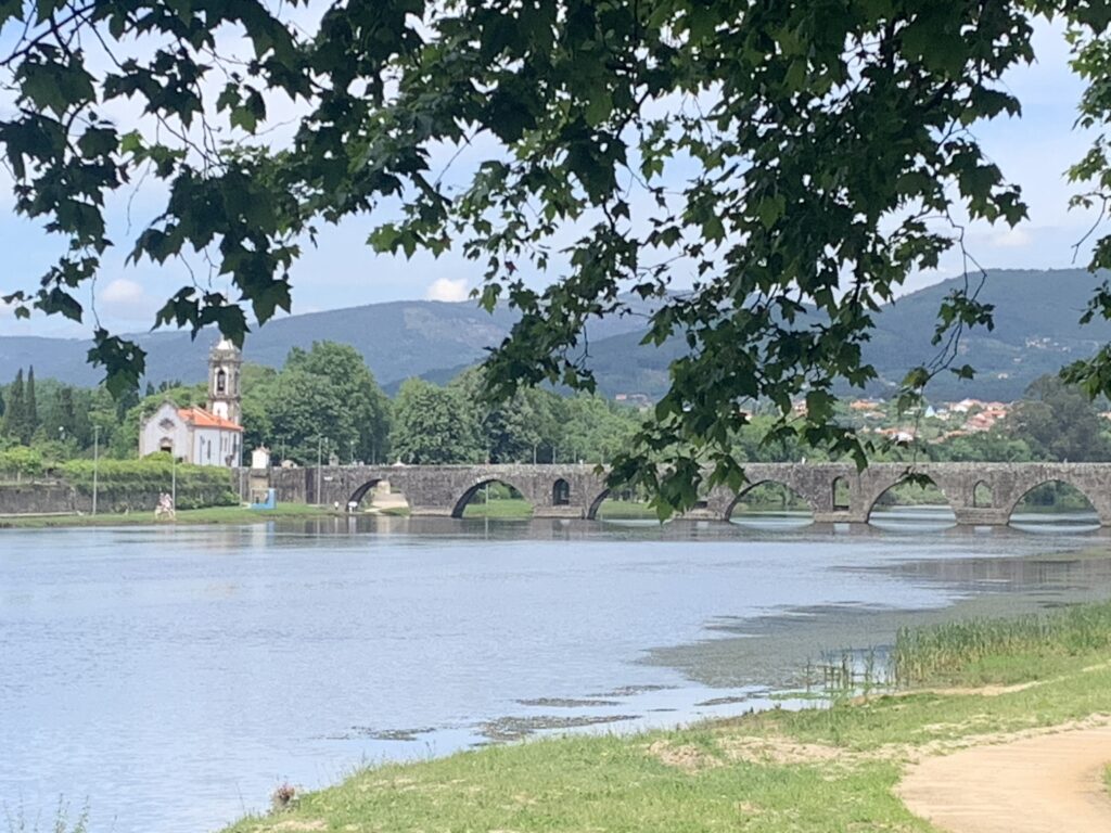A view of the Roman bridge over the river Lima, in Ponte de Lima, Portugal.